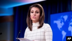State Department spokesperson Morgan Ortagus speaks at a news conference at the State Department in Washington, Monday, June 17, 2019. (AP Photo/Andrew Harnik)