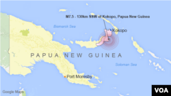 Gempa berkekuatan 7.4 SR mengguncang wilayah Papua Nugini, sekitar 130 kilometer sebelah selatan kota Kokopo, pulau New Britain.
