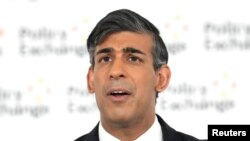 英国首相里希·苏纳克2024年5月13日在一场选前演讲中警告威权国家轴心带来的威胁。（路透社照片）