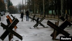 Anti-tank constructions are seen in Kyiv, Ukraine, March 3, 2022.