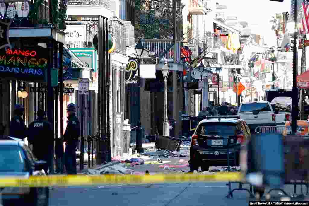 Debris is left along Bourbon Street after a pickup truck was driven into a large crowd in the French Quarter of New Orleans, Louisiana, Jan. 1, 2025. (Geoff Burke/USA TODAY Network via Reuters)