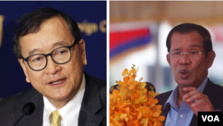 រូបឯកសារ៖ លោក សម រង្ស៊ី (ឆ្វេង)​ អតីតមេដឹកនាំគណបក្សសង្គ្រោះជាតិដែលត្រូវបានតុលាការរំលាយ និងលោកនាយករដ្ឋមន្ត្រី ហ៊ុន សែន។ (រូបថត៖ AP/Reuters)