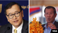 លោក សម រង្ស៊ី (ឆ្វេង)​ អតីតមេដឹកនាំគណបក្សសង្គ្រោះជាតិដែលត្រូវបានតុលាការរំលាយ និងលោកនាយករដ្ឋមន្ត្រី ហ៊ុន សែន។ (រូបថត៖ AP/Reuters)