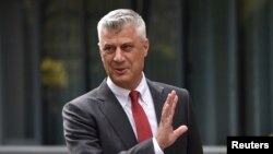 Hashim Thaci is pictured during a news conference as he resigns as Kosovo's president to face war crimes charges at a special court based in The Hague, in Pristina, Kosovo, Nov. 5, 2020.