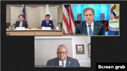 미국과 일본 외교·국방 장관들이 6일 화상 회담하고 있다. 위 오른쪽부터 시계방향으로 토니 블링컨 미 국무장관, 로이드 오스틴 국방장관, 하야시 요시마사 일본 외무상과 기시 노부오 방위상.
