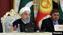 IPresiden Iran Hassan Rouhani berpidato pada Conference on Interaction and Confidence-Building Measures in Asia (CICA) di Dushanbe, Tajikistan, 15 Juni 2019
