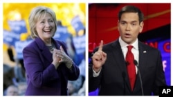 Kandidat presiden dari Partai Demokrat Hillary Clinton dan kandidat presiden dari Partai Republik Marco Rubio.