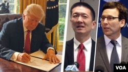 Dari kiri: Presiden AS Donald Trump, Jaksa Douglas Chin (Hawaii) dan Jaksa Bob Ferguson (Washington DC). 