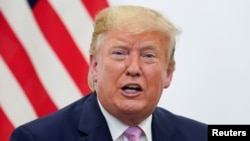 ប្រធានាធិបតី​សហរដ្ឋ​អាមេរិក​លោក ដូណាល់ ត្រាំ ថ្លែង​អំឡុង​កិច្ច​ប្រជុំ​ទ្វេភាគី​ជាមួយ​នឹង​ប្រធានាធិបតី​ប្រេស៊ីល Jair Bolsonaro នៅ​កិច្ច​ប្រជុំ​កំពូល​នៃ​មេដឹកនាំ​ប្រទេស G20 នៅ​ទីក្រុង​អូសាកា ប្រទេសជប៉ុន។ 