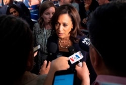 Democratic presidential hopeful U.S. Senator for California Kamala Harris speaks to the press after the second Democratic primary debate of the 2020 presidential campaign in Miami, June 27, 2019.