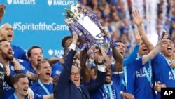  Leicester fête son titre de champion au King Power Stadium de Leicester, Angleterre, le 7 mai 2016.