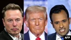 FILE - This combination of pictures created Nov. 12, 2024, shows Elon Musk, left, in Paris, on June 16, 2023; then-Republican presidential candidate Donald Trump, center, in Pittsburgh on Nov. 4, 2024; and entrepreneur Vivek Ramaswamy in Milwaukee, Wisconsin, July 16, 2024.