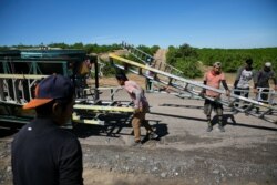 Mexican migrant workers carry ladders during a harvest at an oranges farm in Lake Wales, Florida, April 1, 2020.