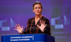 마르그레테 베스타게르 유럽연합집행위원회 부위원장이 10일 벨기에 브뤼셀에서 아마존 반독점법 제소 관련 기자회견을 했다.