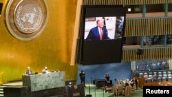 Presiden AS Donald Trump berpidato dalam Sidang Tahunan ke-75 Majelis Umum PBB di New York, yang diselenggarakan secara virtual, 22 September 2020.
