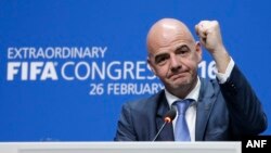 Newly elected FIFA president Gianni Infantino of Switzerland during a press conference after the second election round during the extraordinary FIFA congress in Zurich, Switzerland, Feb. 26, 2016.