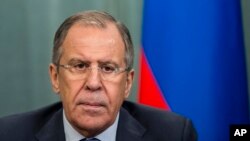 세르게이 라브로프 러시아 외무장관이 26일 러시아 모스크바에서 기자회견을 가지고 있다.