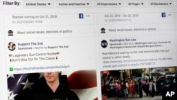 Iklan politik di laman Facebook tampak di sebuah layar komputer di New York City, 31 Oktober 2019.