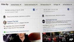 FILE - Political ads displayed on Facebook are seen on a computer screen in New York City, Oct. 31, 2019.