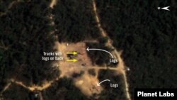 រូបថតពីលំហអាកាសដោយ Planet Labs ថតកាលពីថ្ងៃទី ៥ ខែកុម្ភៈ ឆ្នាំ២០២១ បង្ហាញសកម្មភាពកាប់ឈើខុសច្បាប់នៅតំបន់ព្រៃឡង់នៃប្រទេសកម្ពុជា។ (រូបថតដោយ Planet Labs, Inc.)