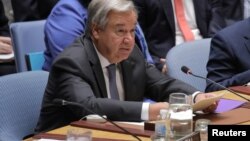 Secretary General of the United Nations Antonio Guterres addresses the Security Council at the United Nations Headquarters in New York, Aug. 29, 2018.