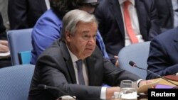 Sekretaris Jenderal PBB Antonio Guterres berbicara di hadapan Dewan Keamanan di markas PBB di New York, 29 Agustus 2018.