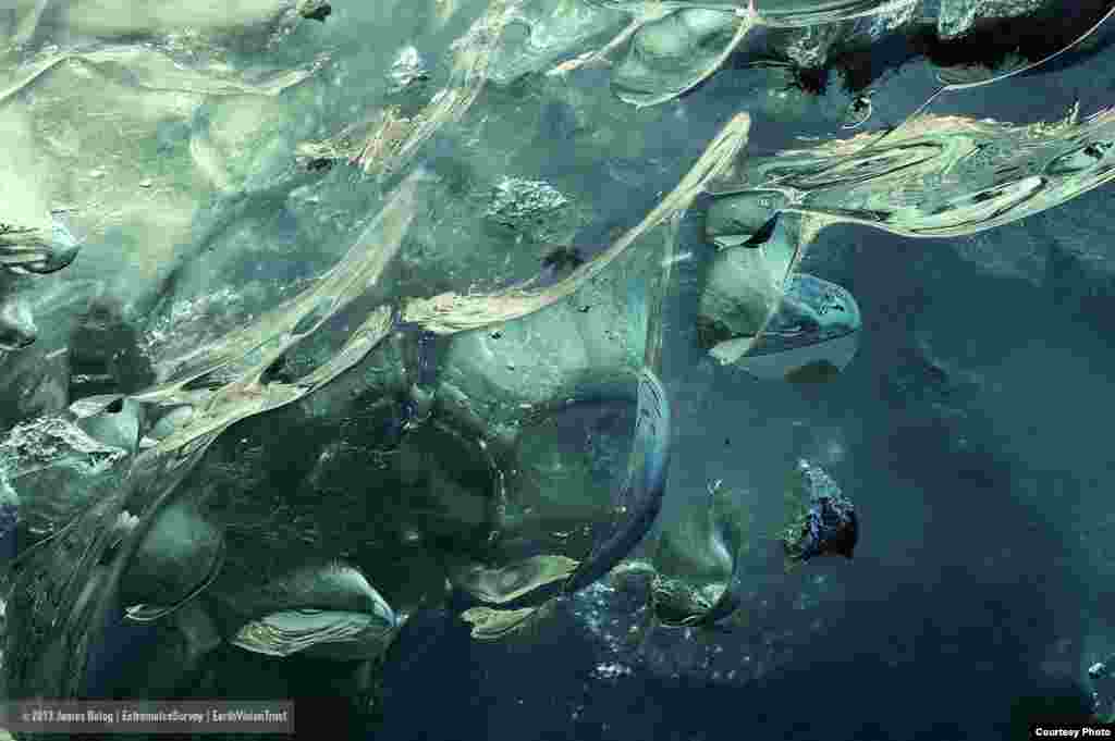 Frozen areas of the planet, like the Mendenhall Glacier in Alaska, are warming at twice the global average. (James Balog/Extreme Ice Survey)