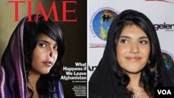 Aisha, perempuan Afghanistan yang dimutilasi suaminya, sebelum operasi (kiri) dan sesudah operasi di Amerika.