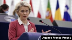European Commission President Ursula von der Leyen delivers a speech in a debate during a plenary session at the European Parliament in Strasbourg, eastern France on Oct, 20, 2021, on preparations for the European Council meeting, Oct. 21-22, 2021.