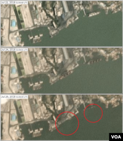 북한 남포 석탄 항구를 촬영한 위성사진. 7월22일(위)엔 적재 공간을 덮개로 닫은 1척의 선박이 있지만, 24일(가운데)엔 덮개를 연 2척의 선박이 확인된다. 이후 29일 두 선박이 사라진 모습(원 안)이 보인다. 사진제공=Planet Labs Inc.