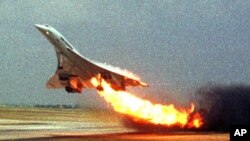 Air France Concorde on fire after striking debris on the Paris airport runway in 2000.