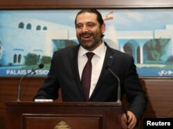 Lebanon's Prime Minister Saad al-Hariri reacts, after the announcement of the new government at the presidential palace in Baabda, Lebanon, Jan. 31, 2019.