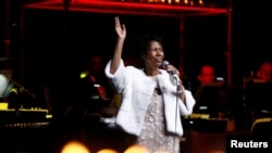 FILE - Aretha Franklin performs during the commemoration of the Elton John AIDS Foundation 25th year fall gala at the Cathedral of St. John the Divine in New York City, in New York, U.S., Nov. 7, 2017. 