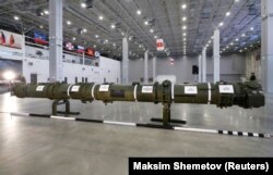 RUSSIA -- A component of SSC-8/9M729 cruise missile system is on display during a news briefing, organized by Russian defense and foreign ministries, at Patriot Expocentre near Moscow, January 23, 2019