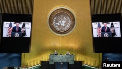 Presiden AS Donald Trump menyampaikan pidato secara virtual di tengah pandemi Covid-19, pada Sidang Tahunan ke-75 Majelis Umum PBB, di New York, AS, 22 September 2020. (Foto: United Nations/Handout via REUTERS)