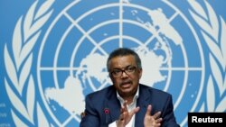 FILE - Director-General of the World Health Organization (WHO) Tedros Adhanom Ghebreyesus gives a news conference at the United Nations in Geneva, Switzerland, Aug. 14, 2018.