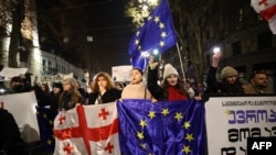 Проевропейские демонстранты Грузии на акции протеста против переноса правительством переговоров о вступлении в ЕС. Тбилиси 11 декабря 2024 года.