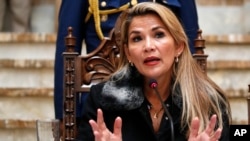 Bolivia's interim President Jeanine Anez speaks during a press conference in La Paz, Bolivia, Friday, Nov. 15, 2019.