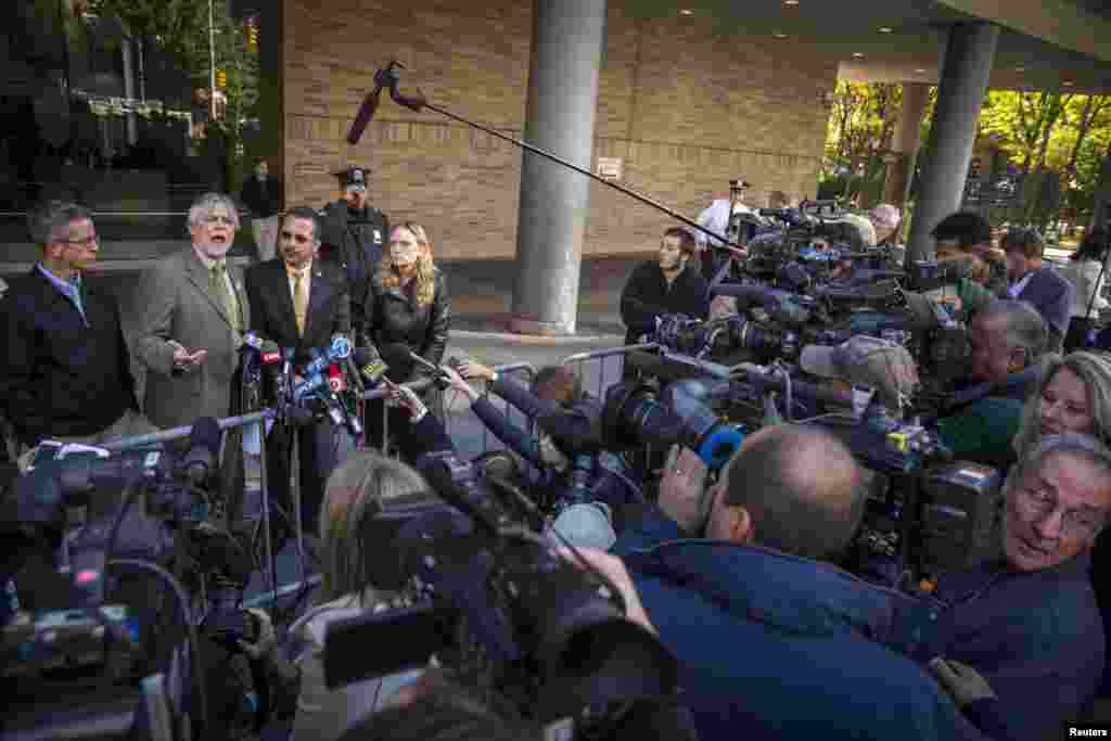 Housing Works CEO Charles King speaks out against the current quarantine rules, put into effect in New York and New Jersey, outside of Bellevue Hospital in New York, Oct. 27, 2014. 