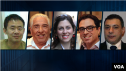 FILE - Composite image of five Western-linked detainees held by Iran. From left to right: Xiyue Wang, Baquer Namazi, Nazanin Zaghari-Ratcliffe, Siamak Namazi and Nizar Zakka.