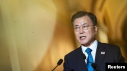 South Korean President Moon Jae-in speaks during a meeting with U.S. House Speaker Nancy Pelosi at the U.S. Capitol in Washington, May 20, 2021.