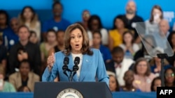 2024 年 8 月 16 日，美国副总统兼民主党总统候选人卡马拉·哈里斯在北卡罗来纳州罗利市威克科技社区学院斯科特北威克校区的亨德里克汽车卓越中心发表讲话。