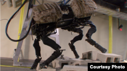 Robot Boston Dynamics BigDog terlihat memanjat tumpukan puing. Perusahaan ini baru saja dibeli oleh raksasa teknologi Google. 