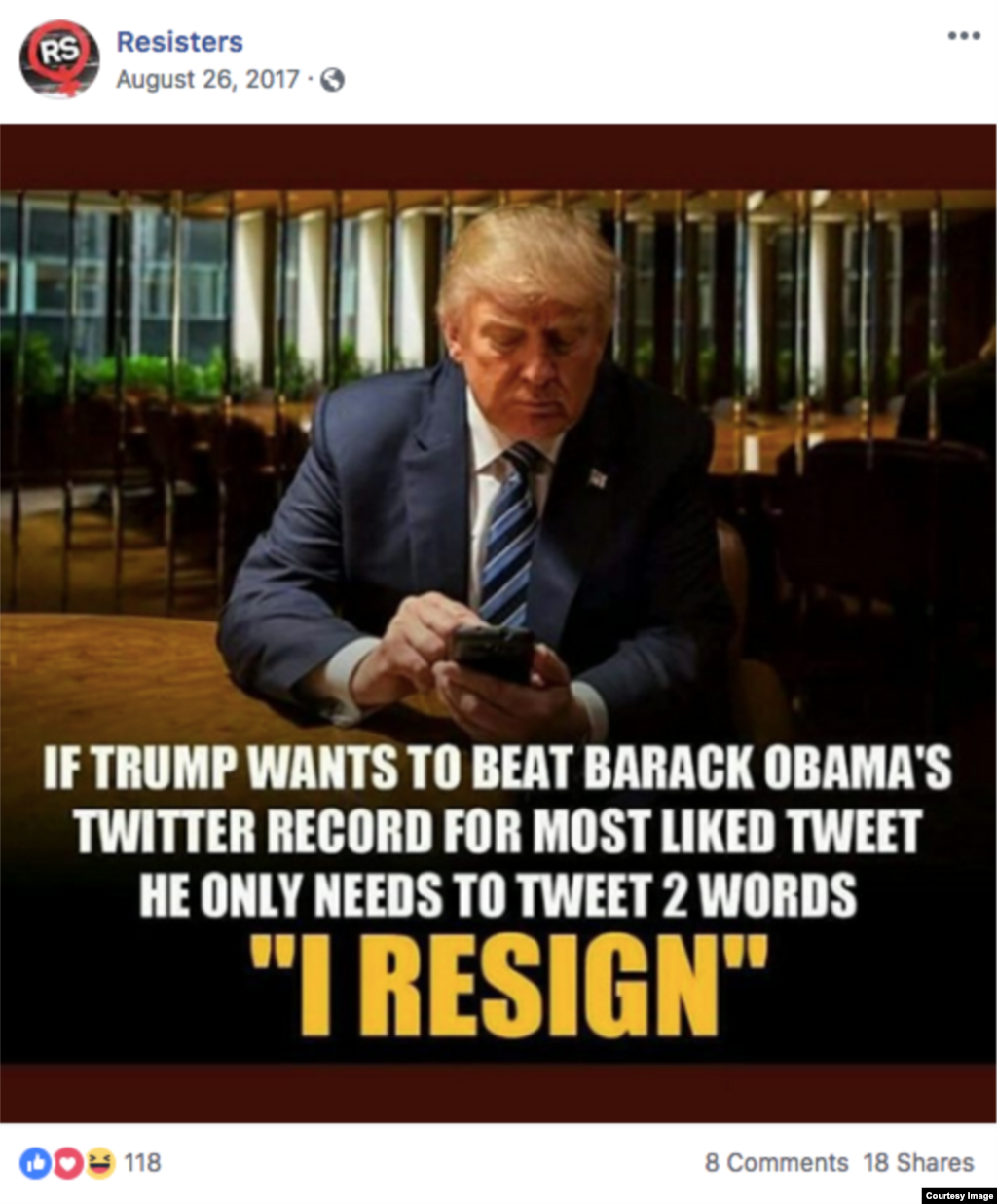 Example of posts removed by Facebook. Facebook says the company has removed 32 pages and accounts from its social media sites ahead of midterm elections in the United States. (Facebook)