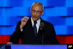 FILE - John Podesta, Clinton Campaign Chairman, speaks during the first day of the Democratic National Convention in Philadelphia, July 25, 2016.