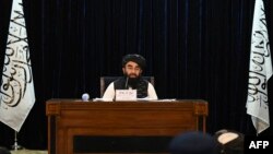 Taliban spokesman Zabihullah Mujahid addresses a press conference in Kabul on September 7, 2021. 