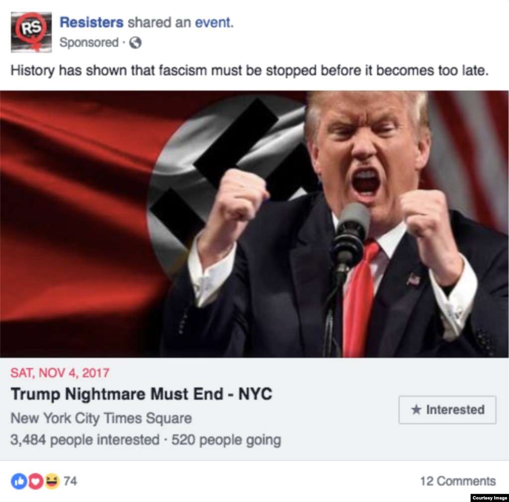 Example of posts removed by Facebook. Facebook says the company has removed 32 pages and accounts from its social media sites ahead of midterm elections in the United States. (Facebook)