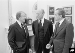 President Jimmy Carter, left, with Gerald Ford and Richard Nixon