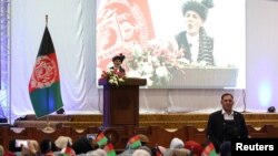 Current Afghan president and presidential candidate Ashraf Ghani speaks during an election campaign rally in Kabul, Afghanistan, Sept. 13, 2019.