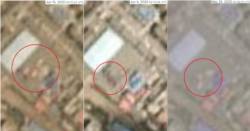 중국 단둥 세관 시설을 촬영한 플래닛 랩스의 위성사진. 왼쪽부터 이달 15일과 4일 지난달 25일 위성사진으로, 원 안에 트럭으로 보이는 물체가 보인다. 사진제공=Planet Labs